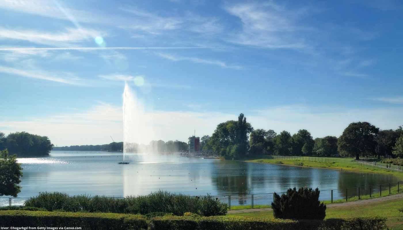 Beach and lake at Ada Ciganlija river island in Belgrade, Serbia