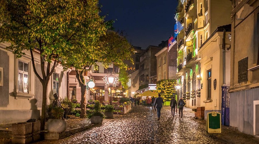 Cobbled Skadarlija bohemian quarter with traditional kafanas in Belgrade