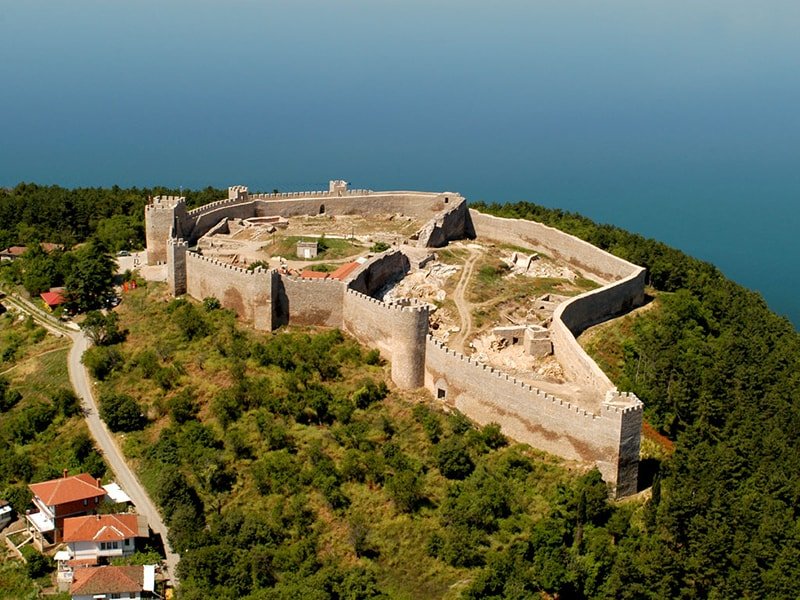 Tsar Samuel's Fortress walls overlooking Ohrid old town and Lake Ohrid