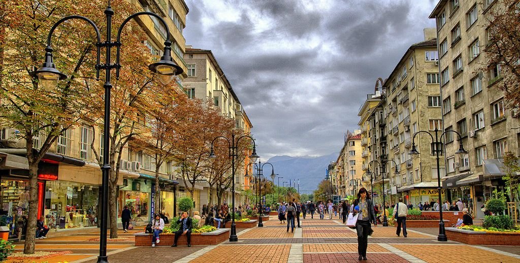 Vitosha Boulevard pedestrian street with Vitosha Mountain behind, Sofia